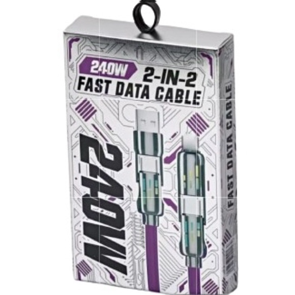 🆕-240W 2-in-2 fast data cable, w/multiple connectors for universal charging.